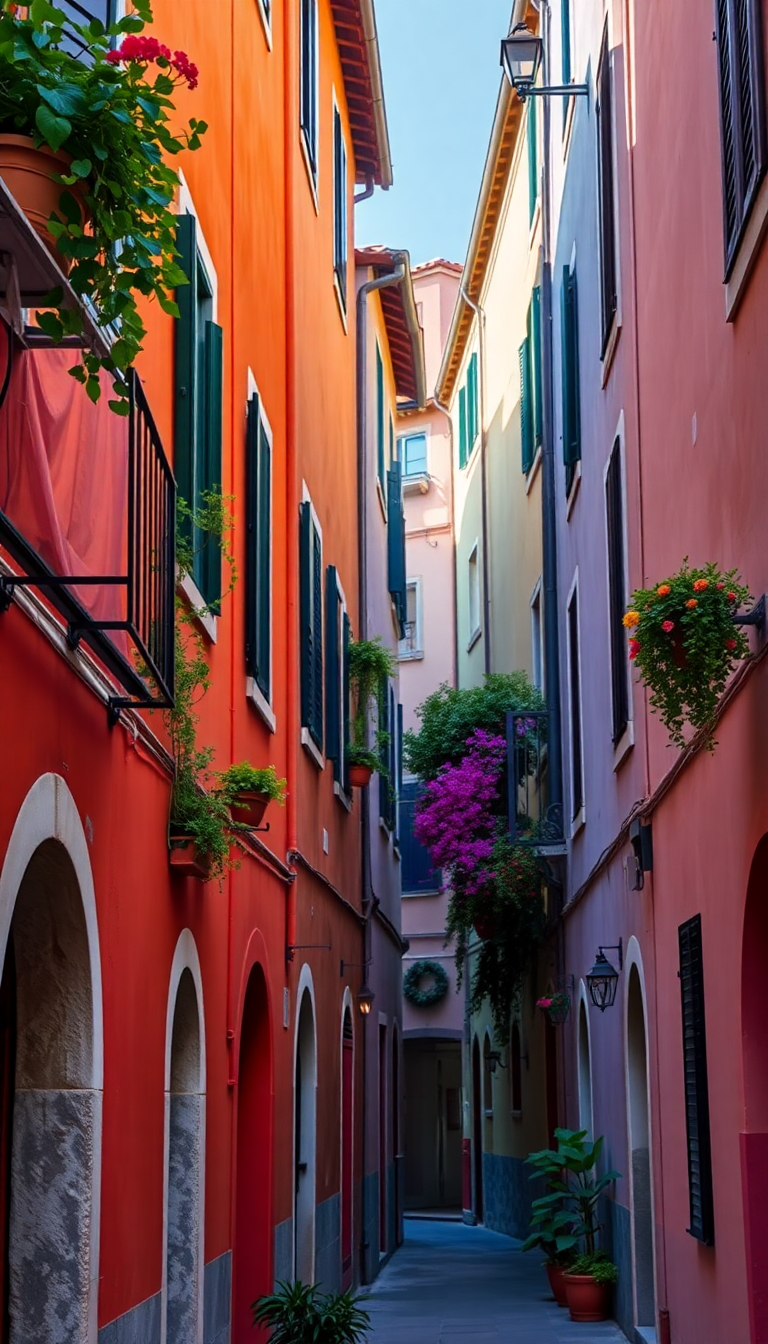 Spectacular Alley Colorful Buildings Hanging Plants Wallpaper