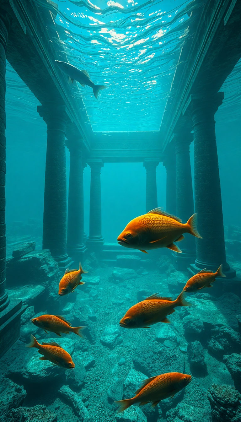 Sunken Ancient Temple Fish Swimming Ruins Digital art Remaster Wallpaper