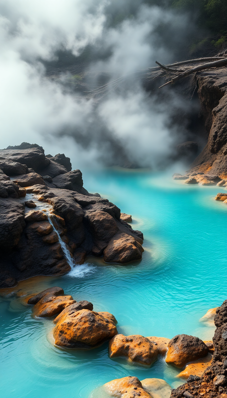 Golden Springs Steam Rising Turquoise Water Wallpaper