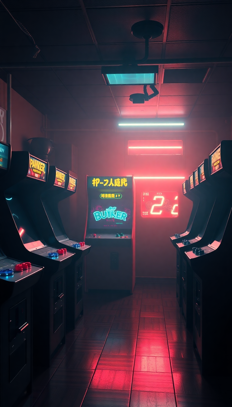 Frozen Arcade Machines Dark Room Photorealistic Wallpaper