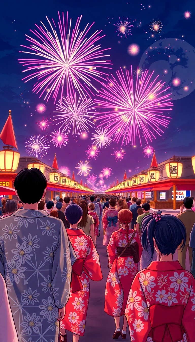 Magnificent Summer Fireworks Crowd Anime Wallpaper