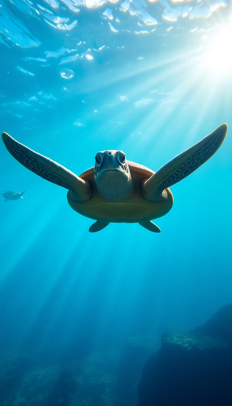 Sea Turtle Swimming Sunbeams Underwater Peaceful Photorealistic Modern Wallpaper