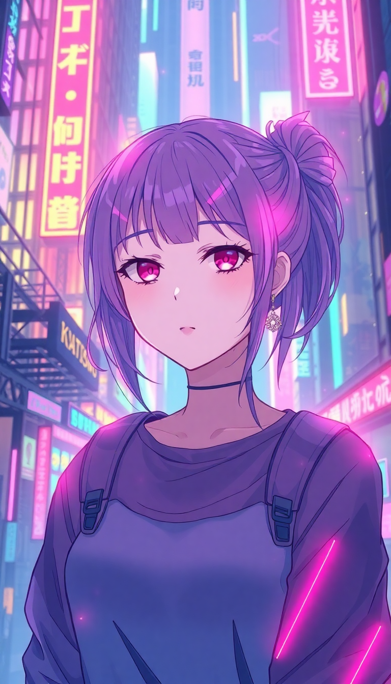 Girl Neon City Holographic Anime Classic Wallpaper