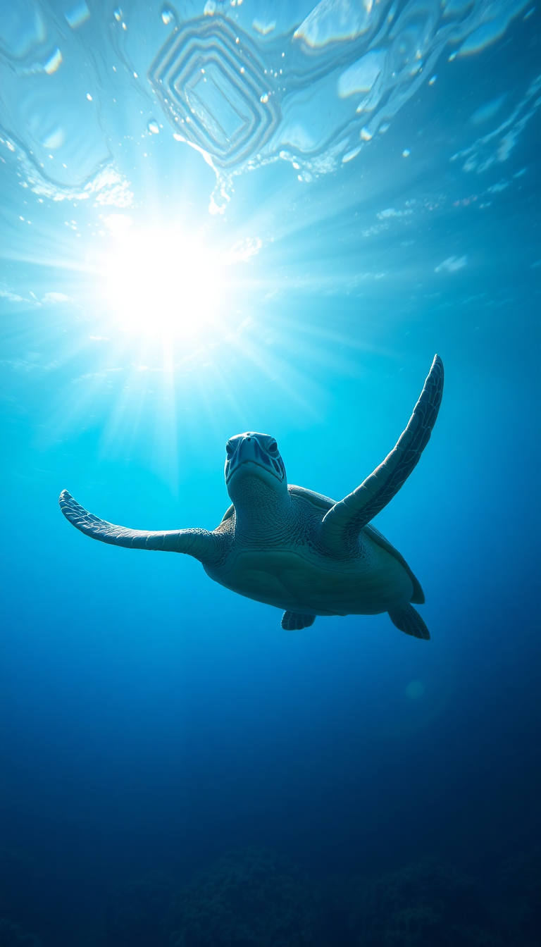 Midnight Underwater Sunbeams Swimming Turtle Photorealistic Wallpaper