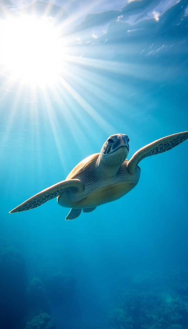 Misty Underwater Sunbeams Swimming Turtle Photorealistic Wallpaper