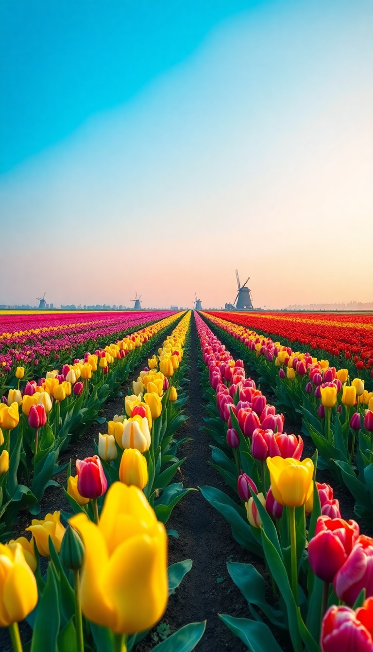 Vintage Romantic Tulip Field Rows Wallpaper