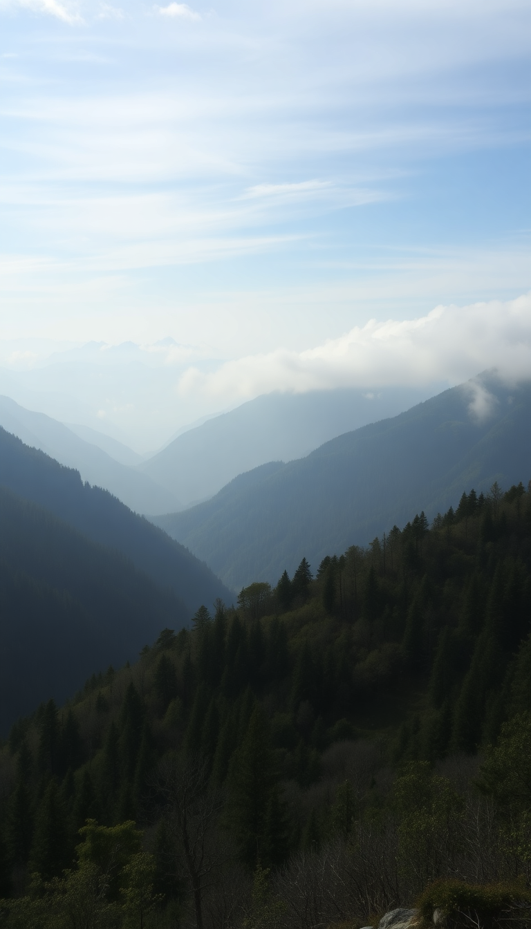 Fog Rolling Over Mountains Valley Photorealistic Wallpaper