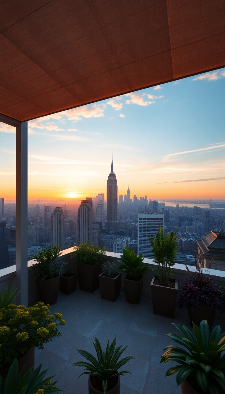 Rooftop Garden Oasis Above City Photorealistic Wallpaper