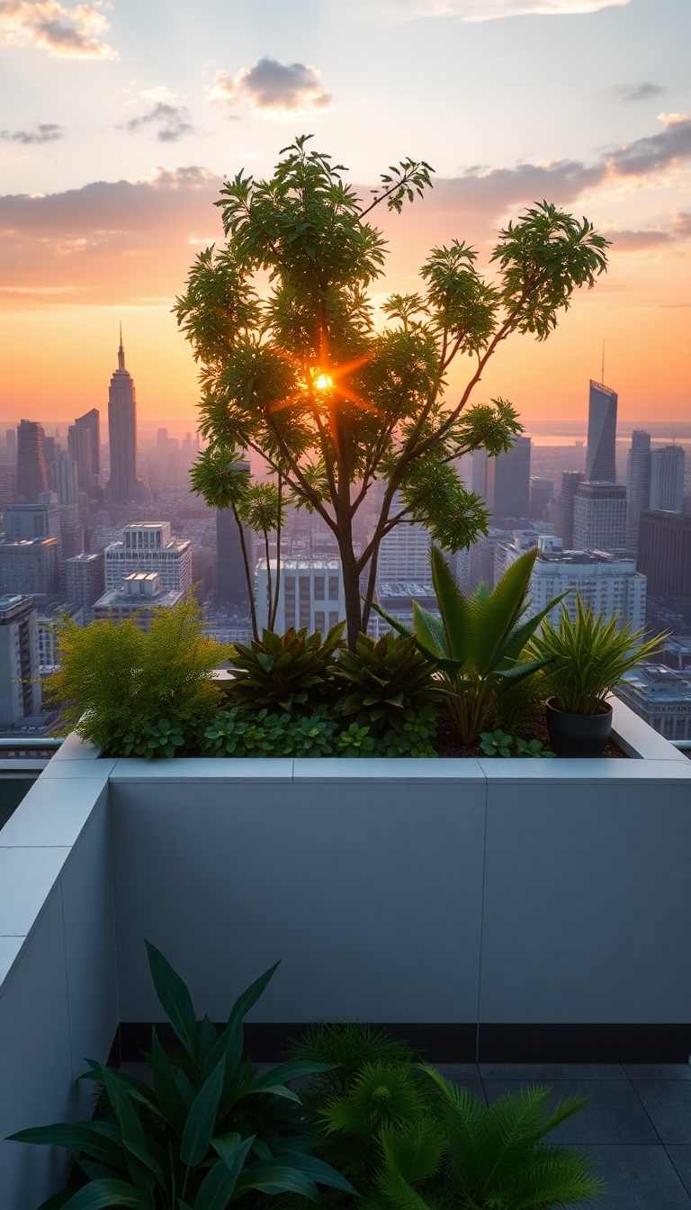 Rooftop Garden Oasis Above City Photorealistic Wallpaper