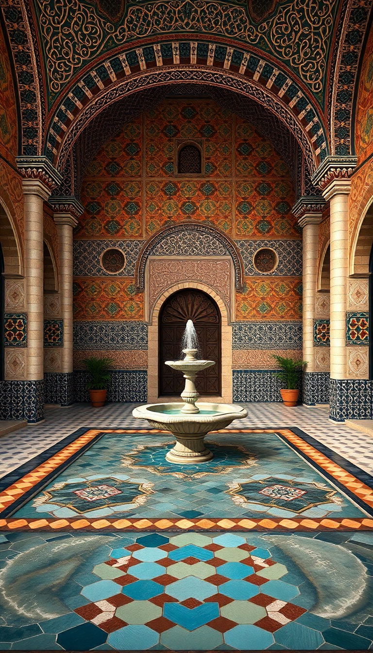 Smooth Courtyard Tiles Fountain Mosaic Photorealistic Wallpaper