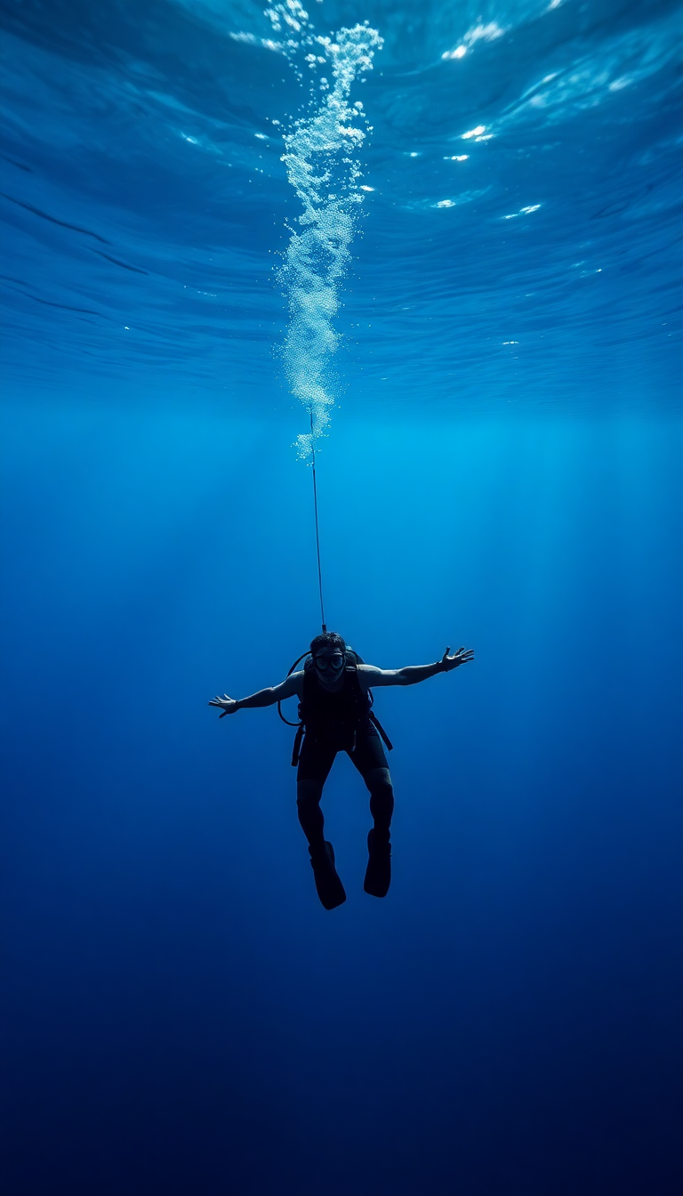 Freediver Descending Into Deep Blue Abyss Photorealistic Premium Wallpaper