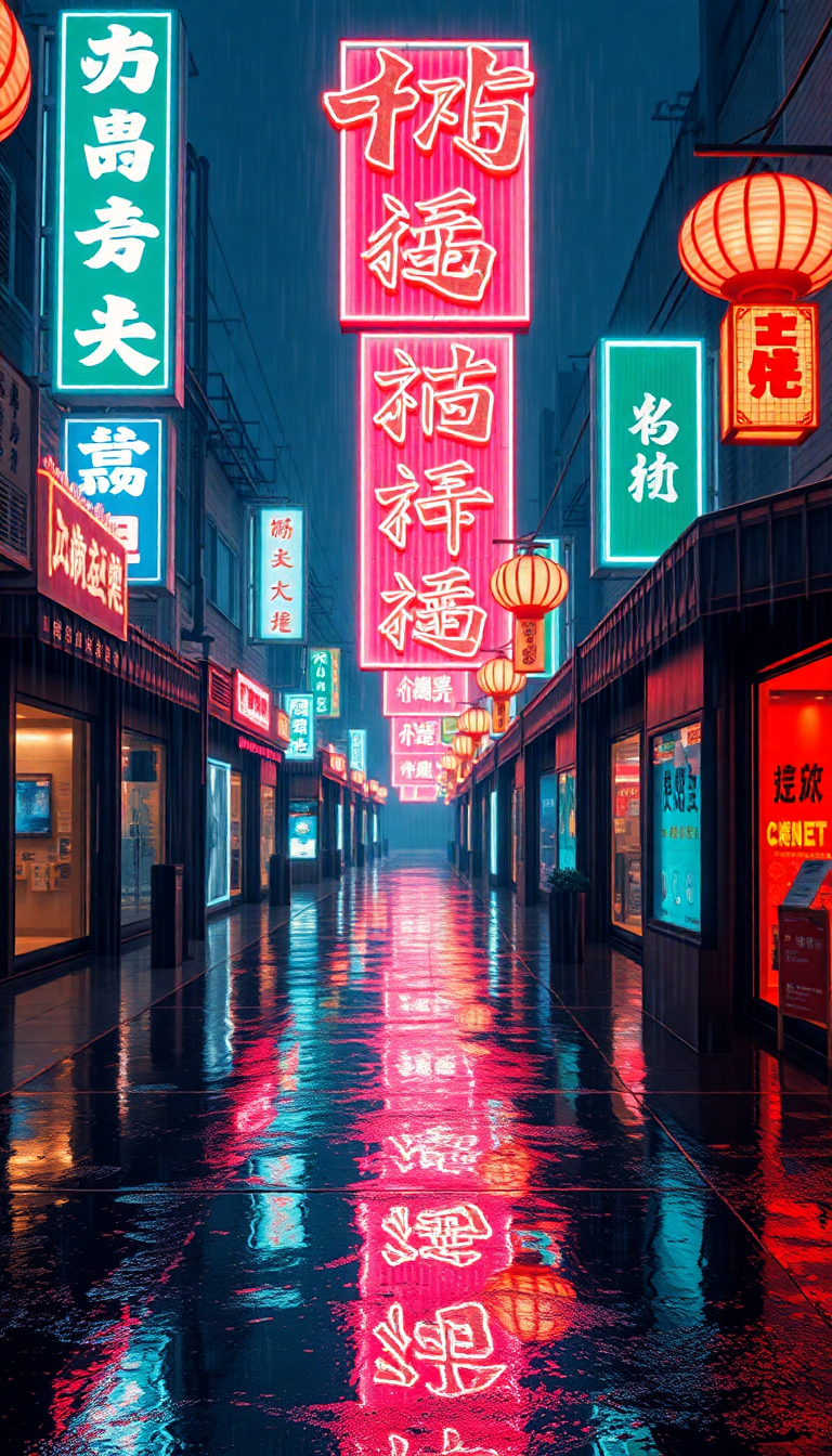 Neon Signs Chinese Characters Rain Reflections Digital art Special Wallpaper