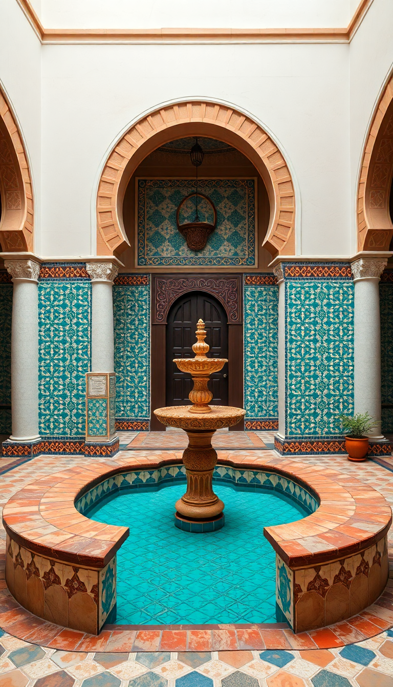 Moroccan Courtyard Tiles Fountain Mosaic Patterns Photorealistic HD Wallpaper