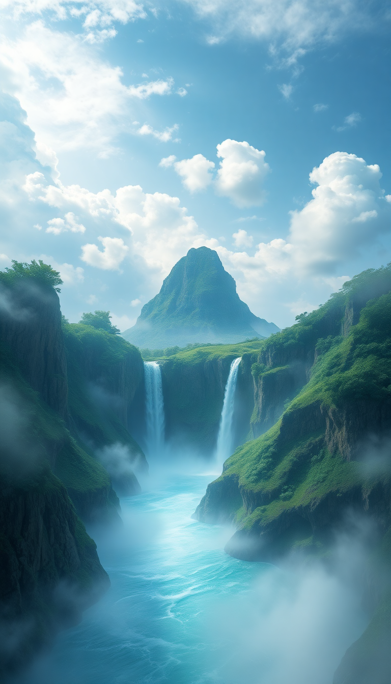 Floating Islands Waterfalls Flowing Into Clouds Digital art Select Wallpaper