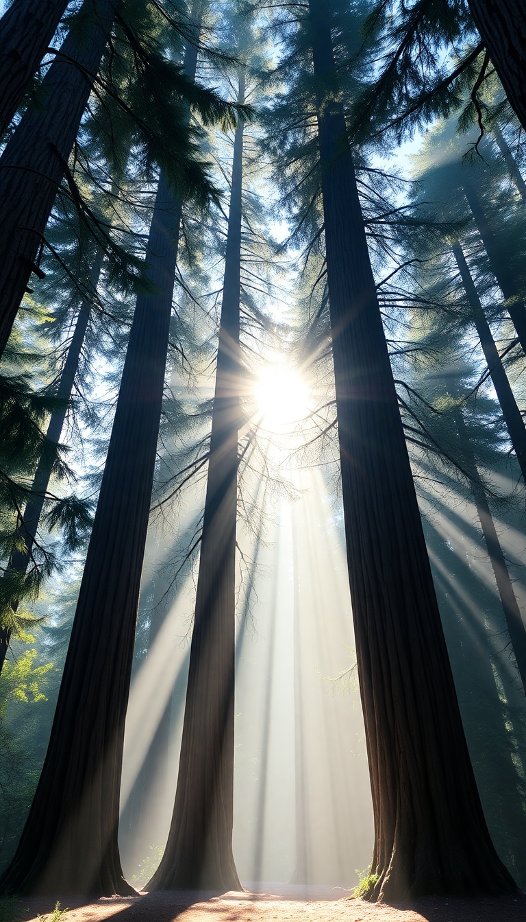 Photorealistic Sleek Redwood Trees Morning Wallpaper