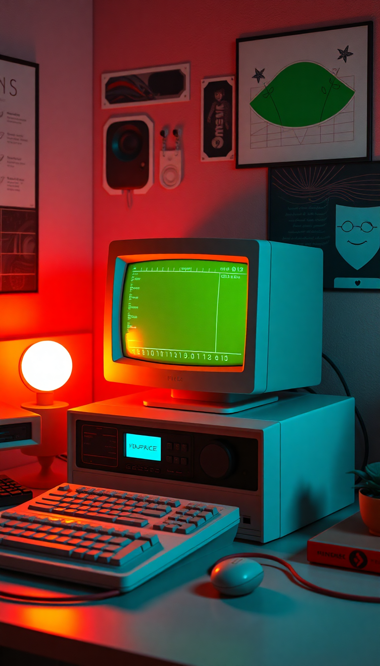 Glowing Rich Retro Computer Setup Wallpaper
