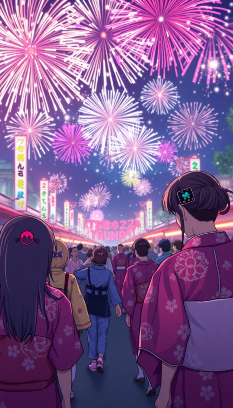 Fireworks Yukata Crowd Anime Anime Premium Wallpaper