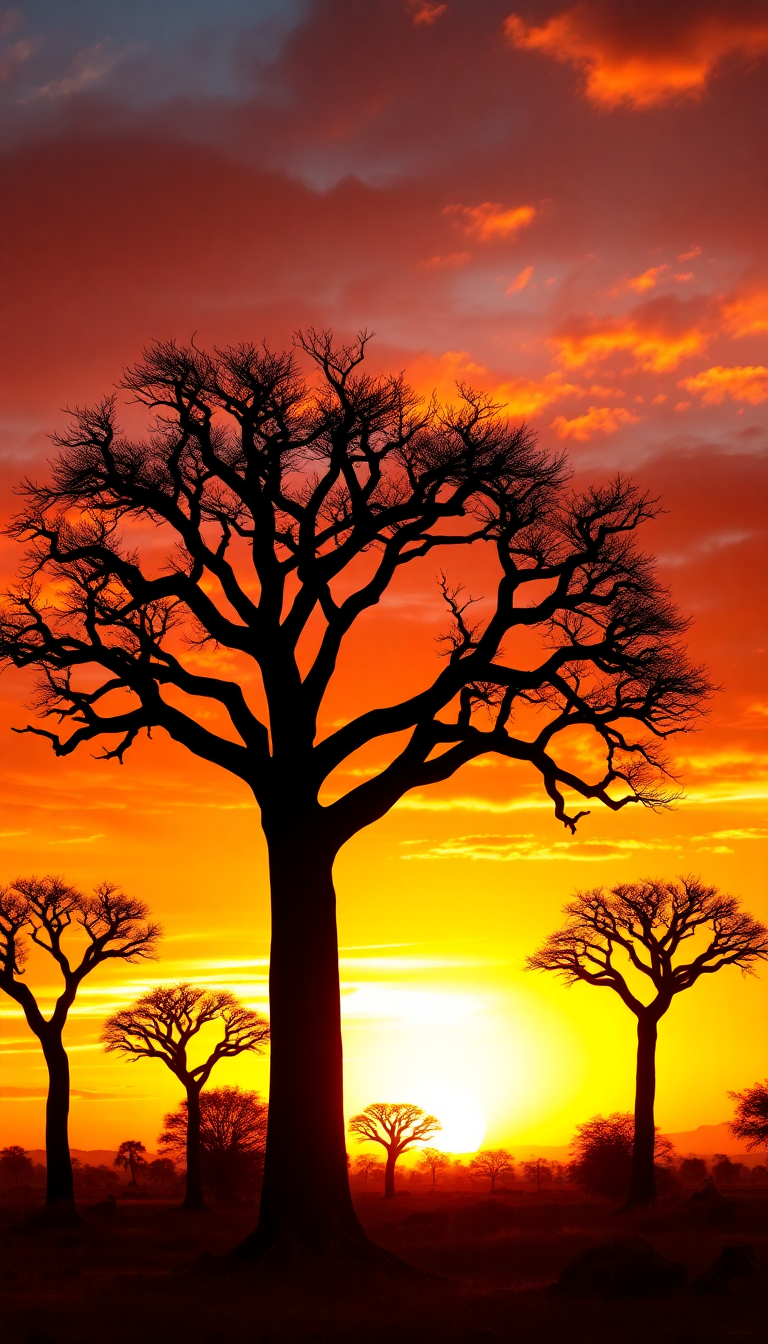 Baobab Trees Silhouette African Sunset Photorealistic Wallpaper
