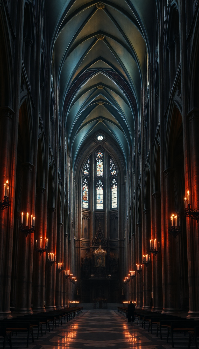 Gothic Cathedral Interior Candlelight Shadows Photorealistic Wallpaper