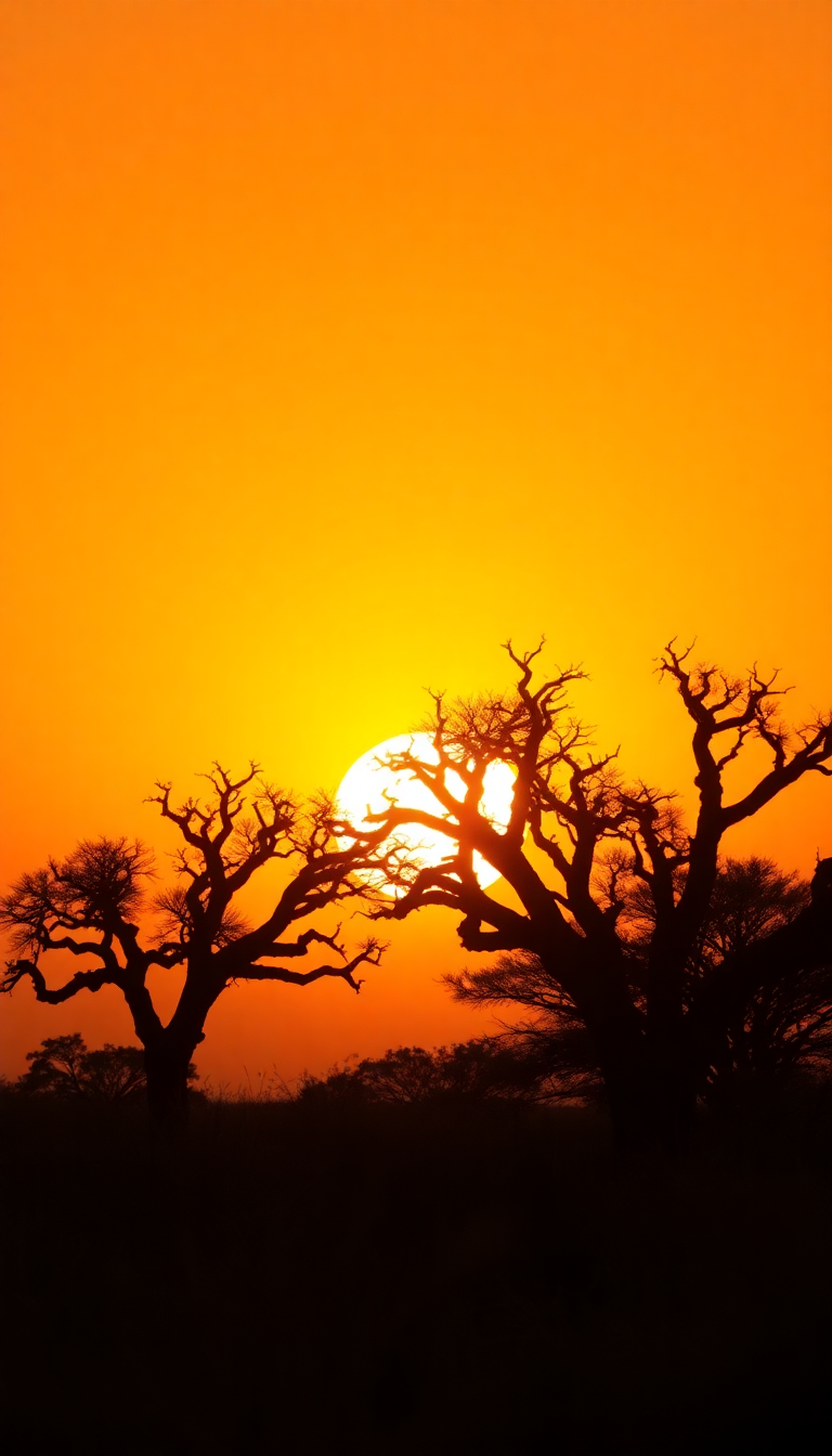 Baobab Trees Silhouette African Sunset Photorealistic Wallpaper
