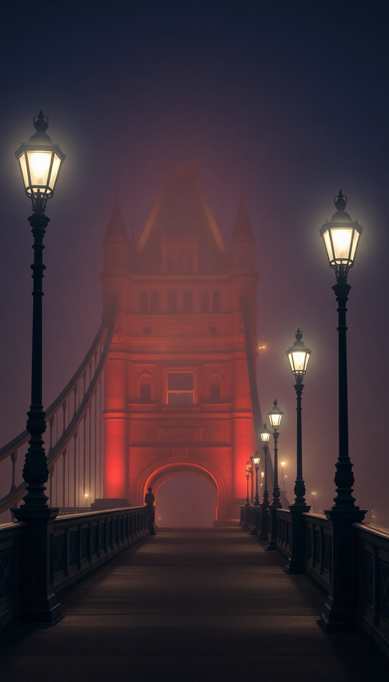 Foggy London Bridge Vintage Lampposts Photorealistic Wallpaper
