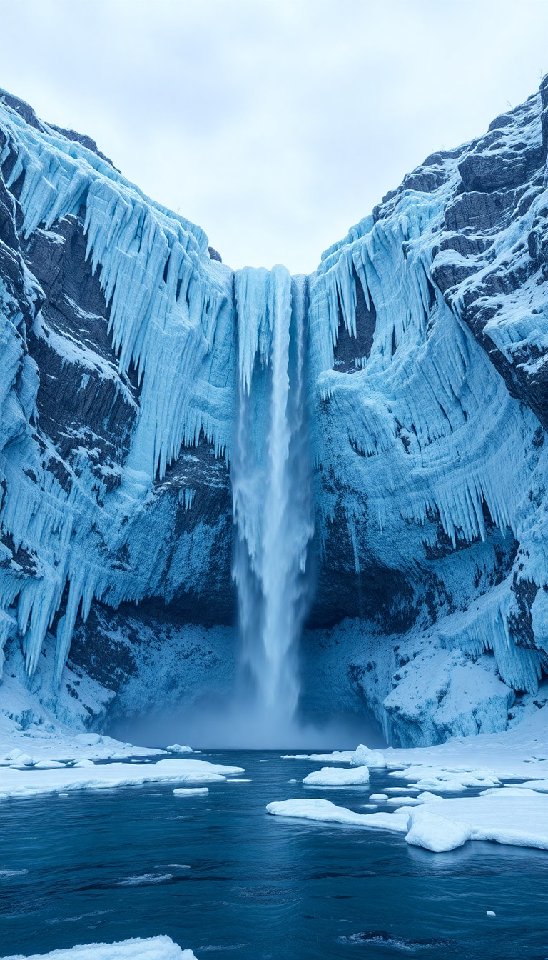 Frozen Waterfall Ice Formations Winter Photorealistic Wallpaper