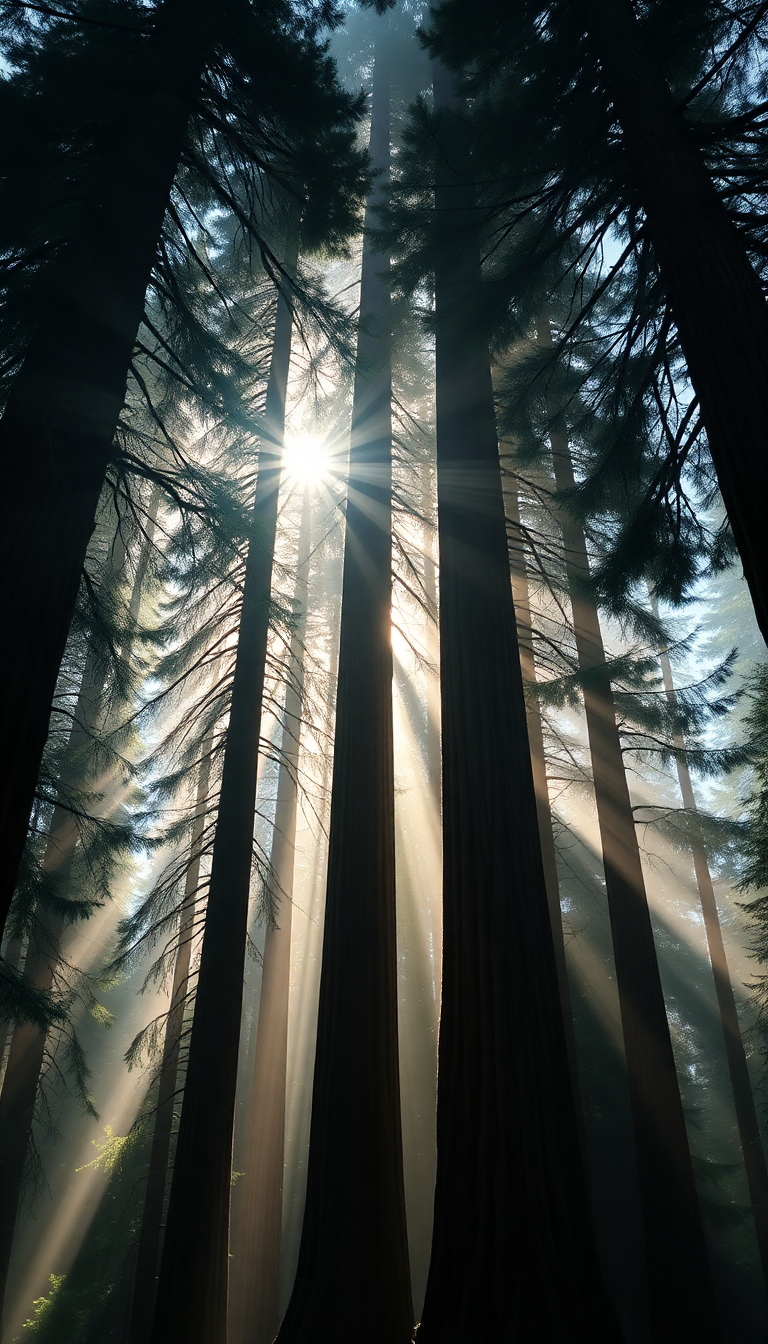 Giant Redwood Trees Morning Fog Photorealistic Wallpaper