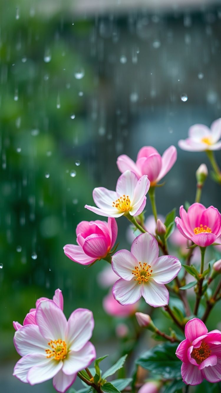 Dreamy Enchanting Spring Rain Flower Wallpaper