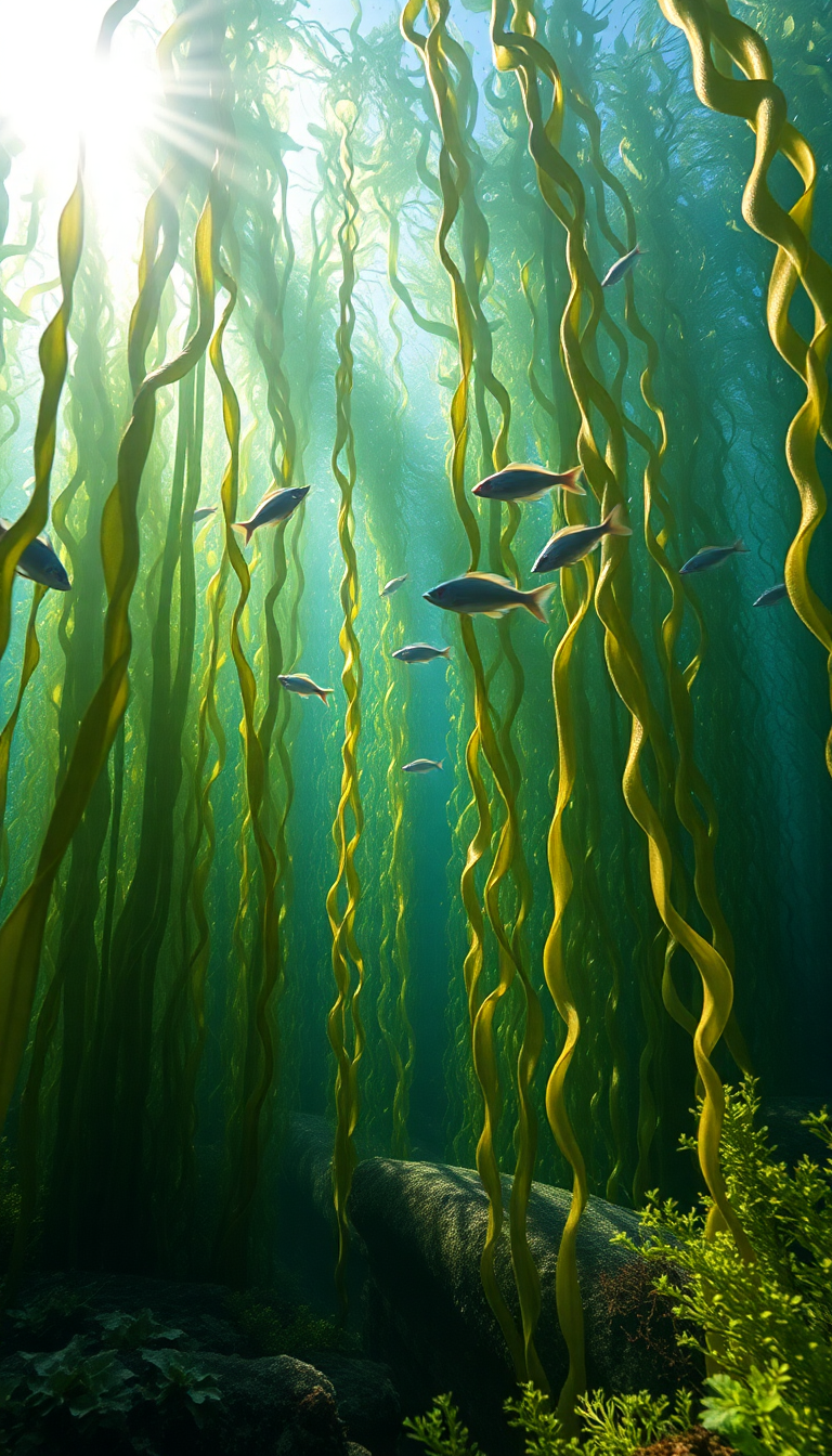 Solar Forest Kelp Swaying Fish Sunlight Wallpaper
