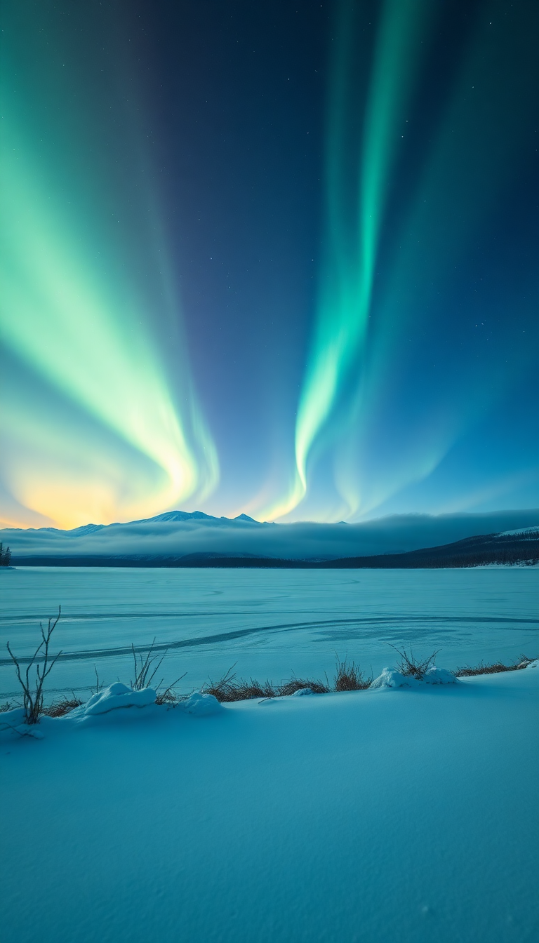Arctic Winter Northern Lights Over Frozen Wallpaper