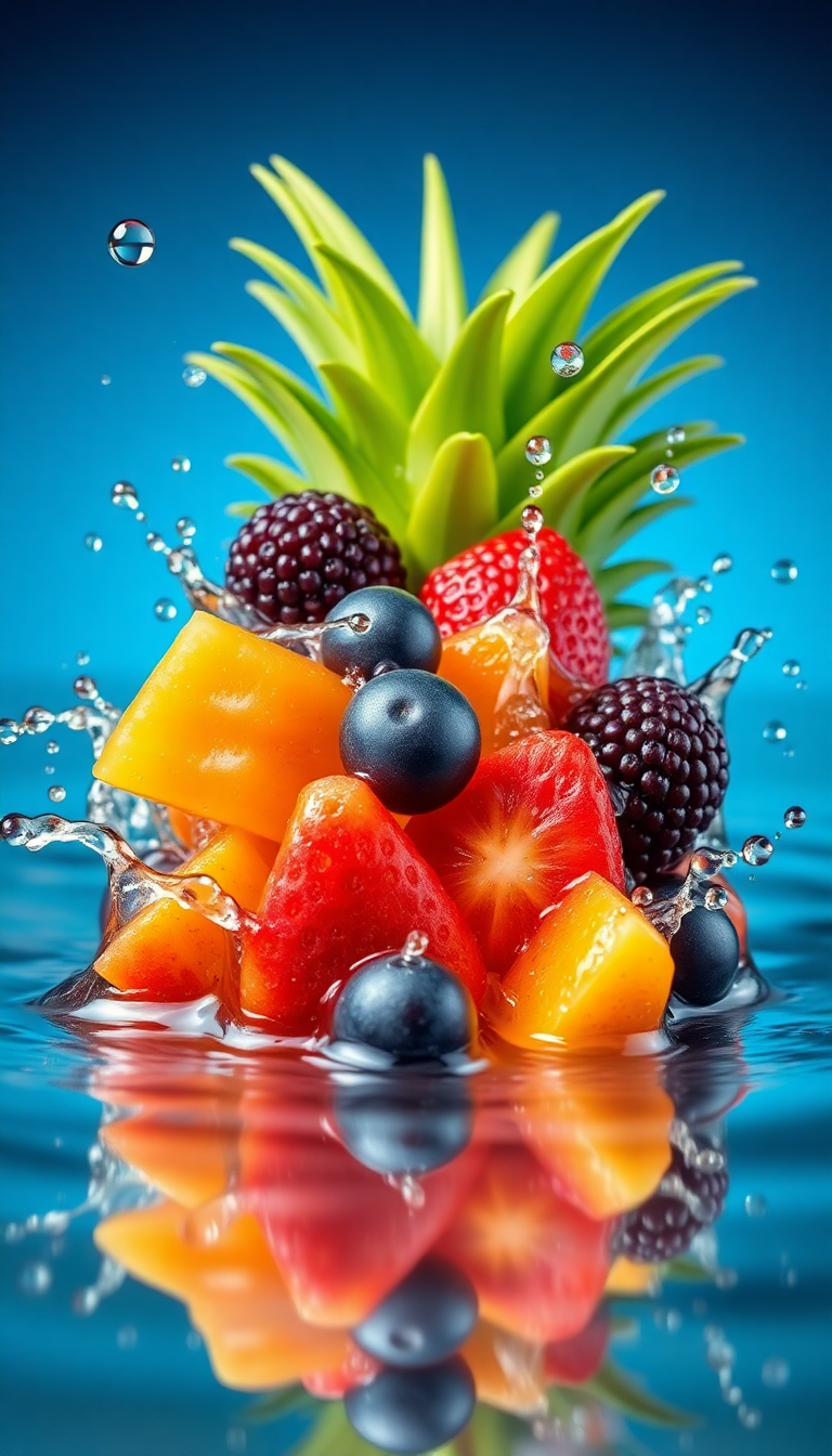 Metallic Droplets Water Splash Fruit Photorealistic Wallpaper