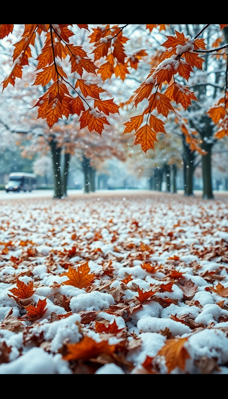 Vivid Autumn On Falling Snow Photorealistic Wallpaper