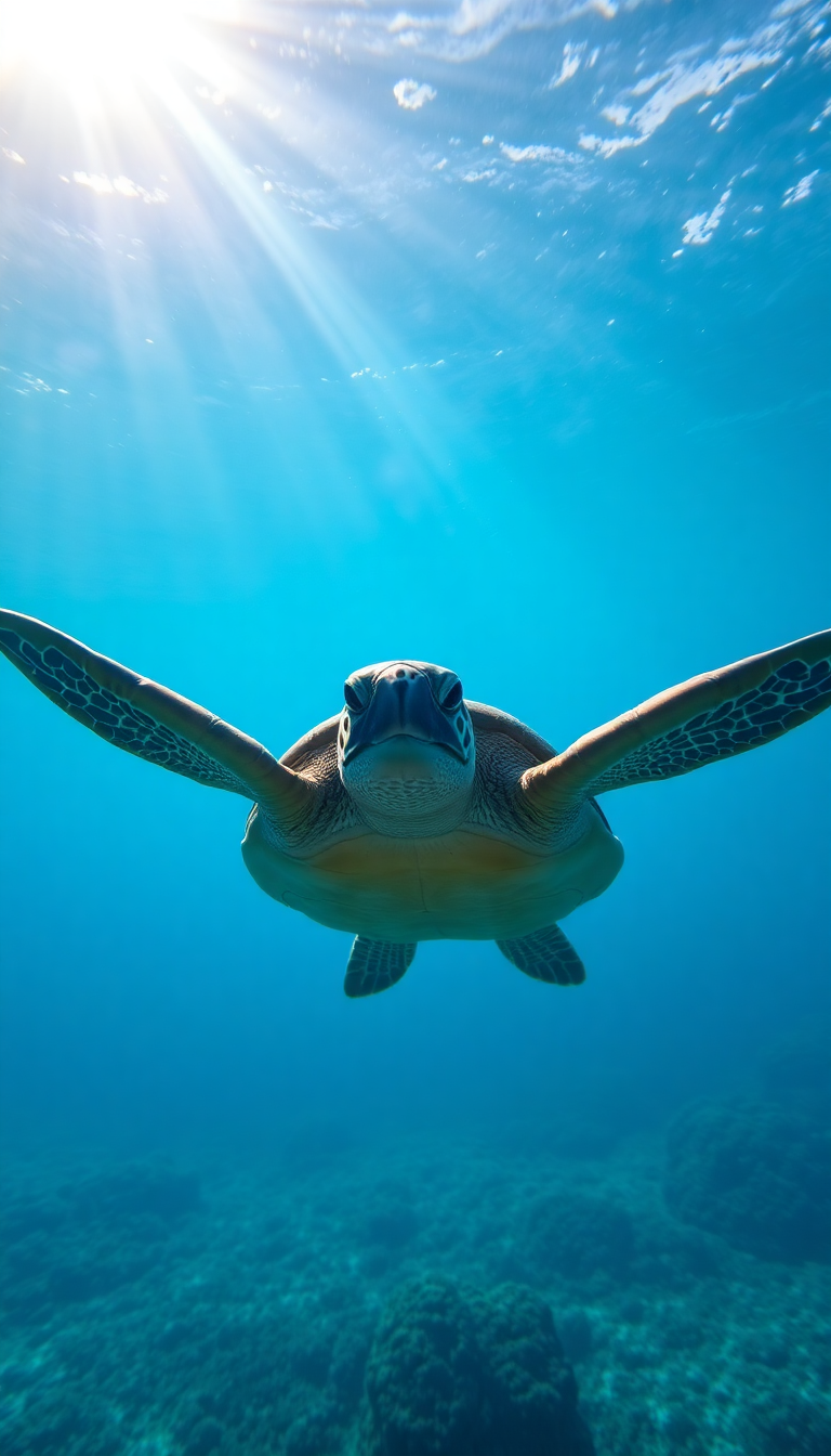 Deep Turtle Swimming Sunbeams Underwater Peaceful Wallpaper