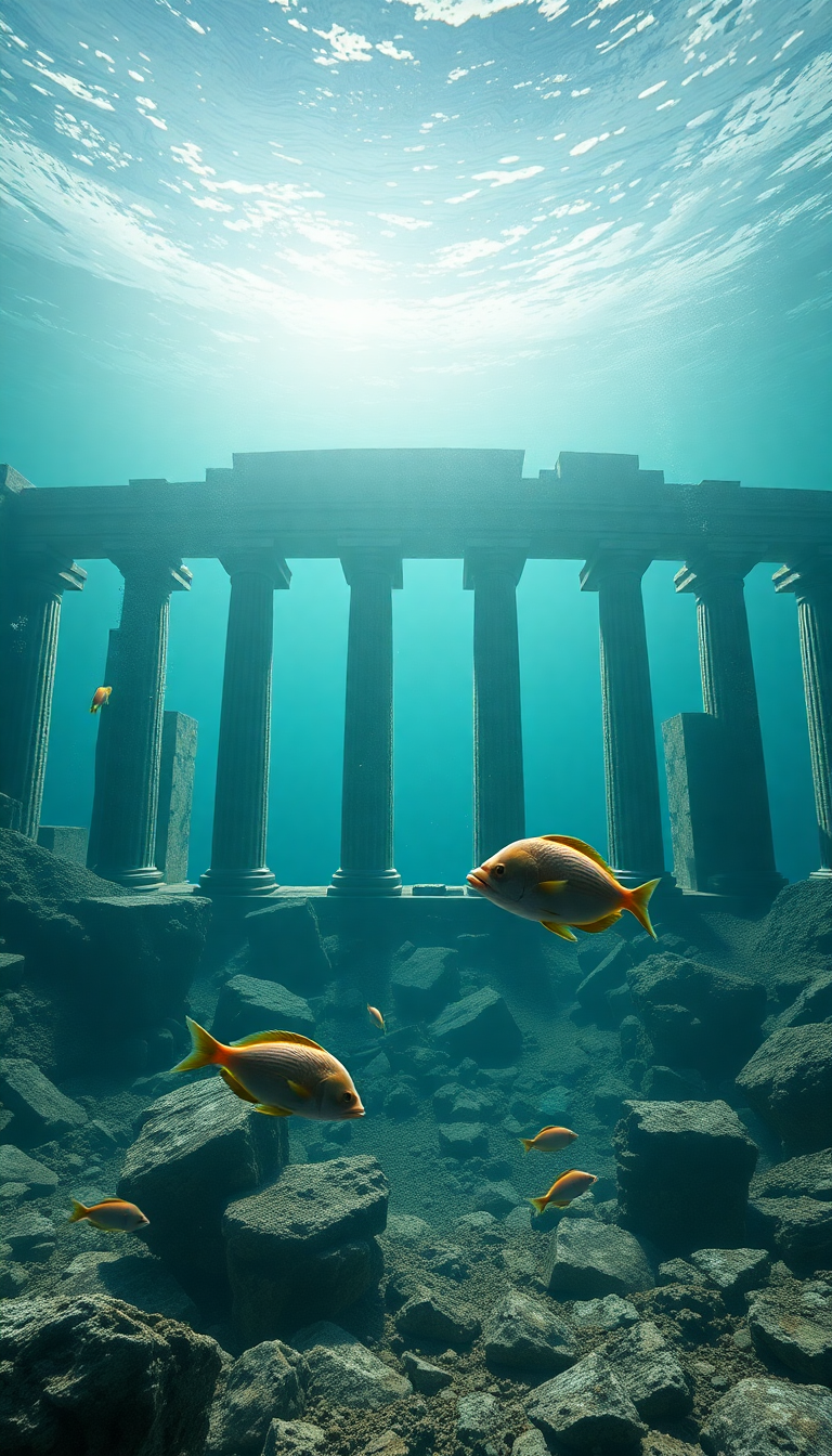 Enchanting Swimming Fish Temple Ancient Digital art Wallpaper