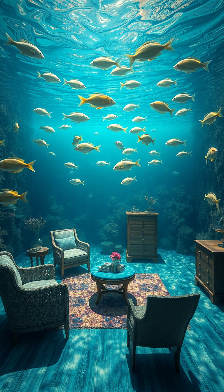 Vintage Fish Floating Furniture Underwater Digital art Wallpaper