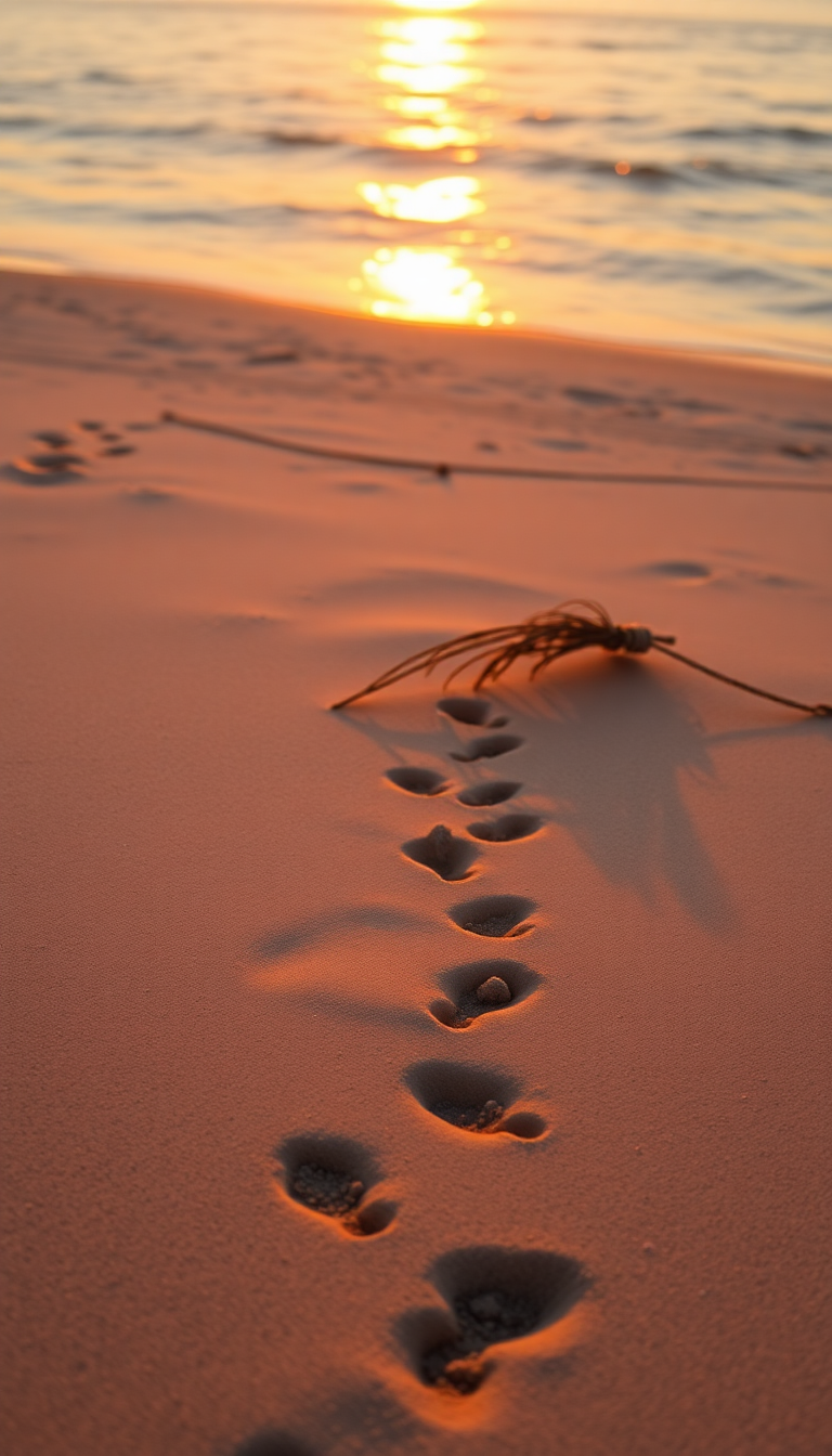 Summer Beach Golden Hour Footprints Sand Photorealistic Pro Wallpaper