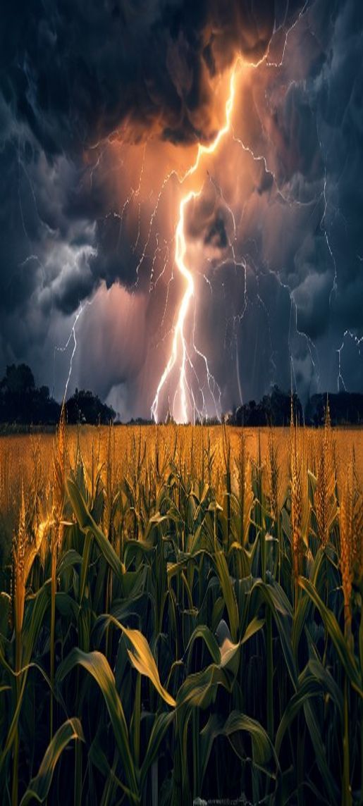 Solar Cornfield Over Lightning Thunderstorm Photorealistic Wallpaper