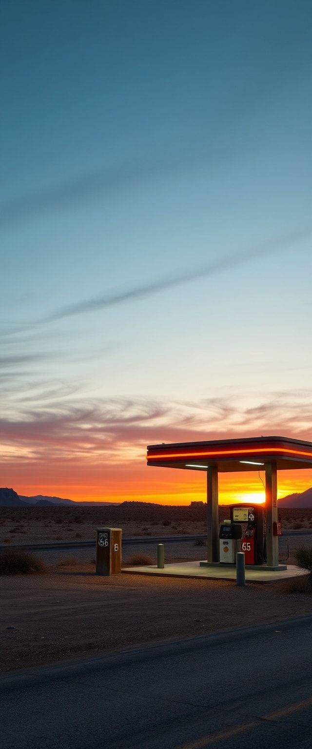 Old Gas Station Desert Route Sunset Photorealistic Max Wallpaper