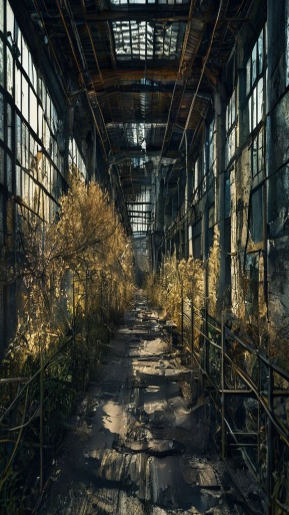 Abandoned Factory Nature Reclaiming Industrial Photorealistic Wallpaper