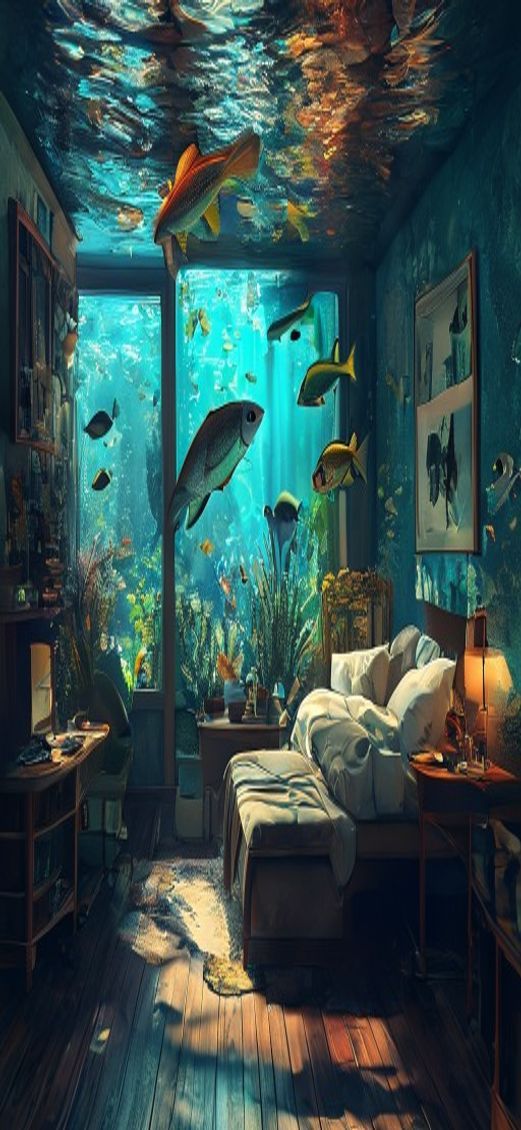 Room Underwater Furniture Floating Fish Digital art Wallpaper