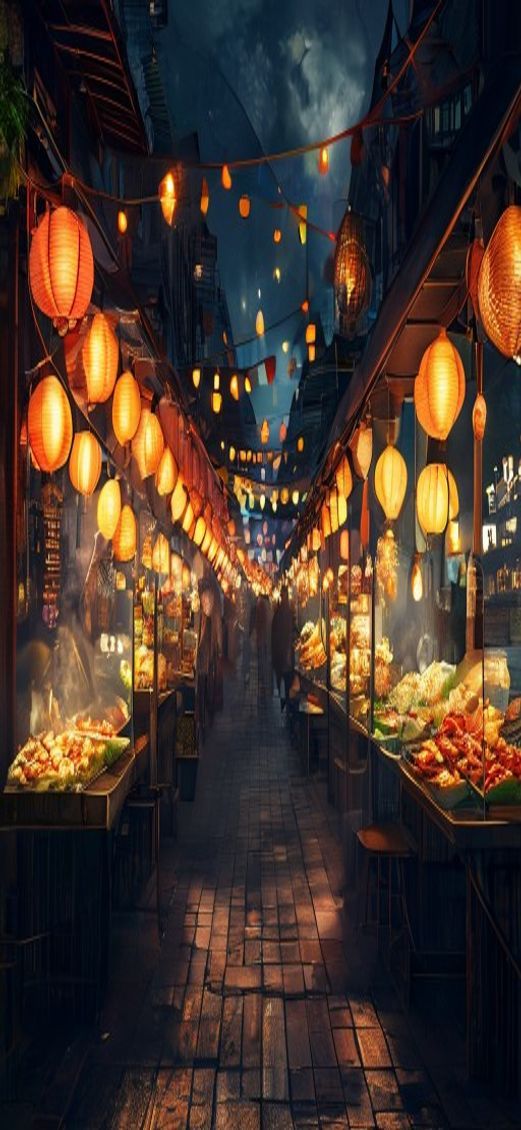 Night Market Street Food Stalls Photorealistic Wallpaper