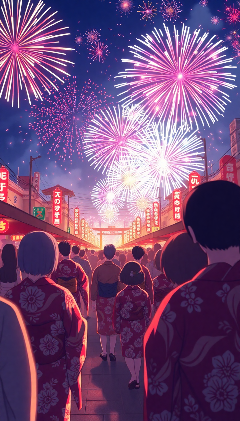 Crystal Festival Fireworks Yukata Crowd Anime Wallpaper