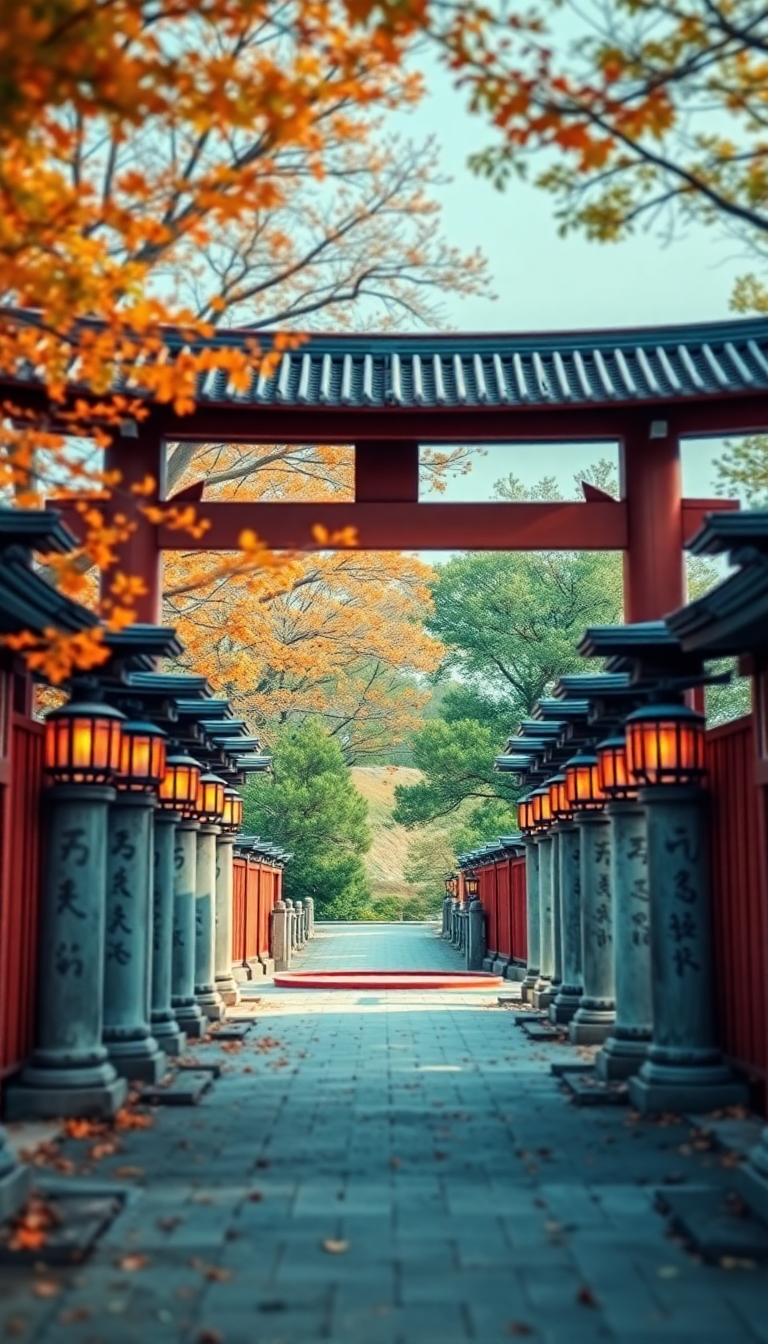 Silver Japanese Gate Path Lanterns Photorealistic Wallpaper