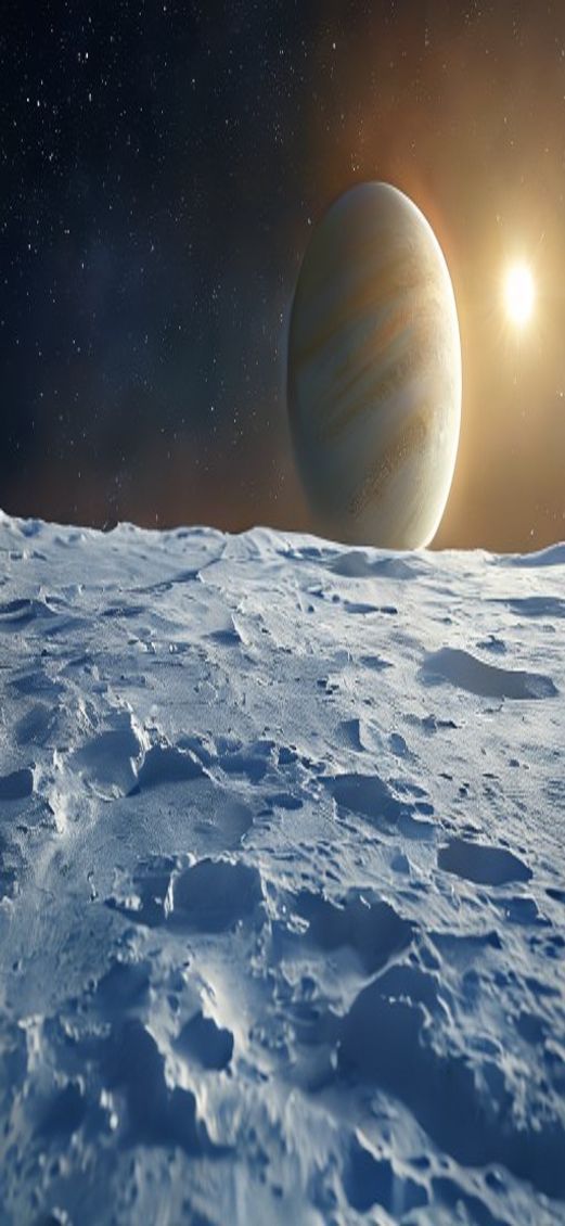 Frozen Moon Surface With Jupiter Photorealistic Wallpaper
