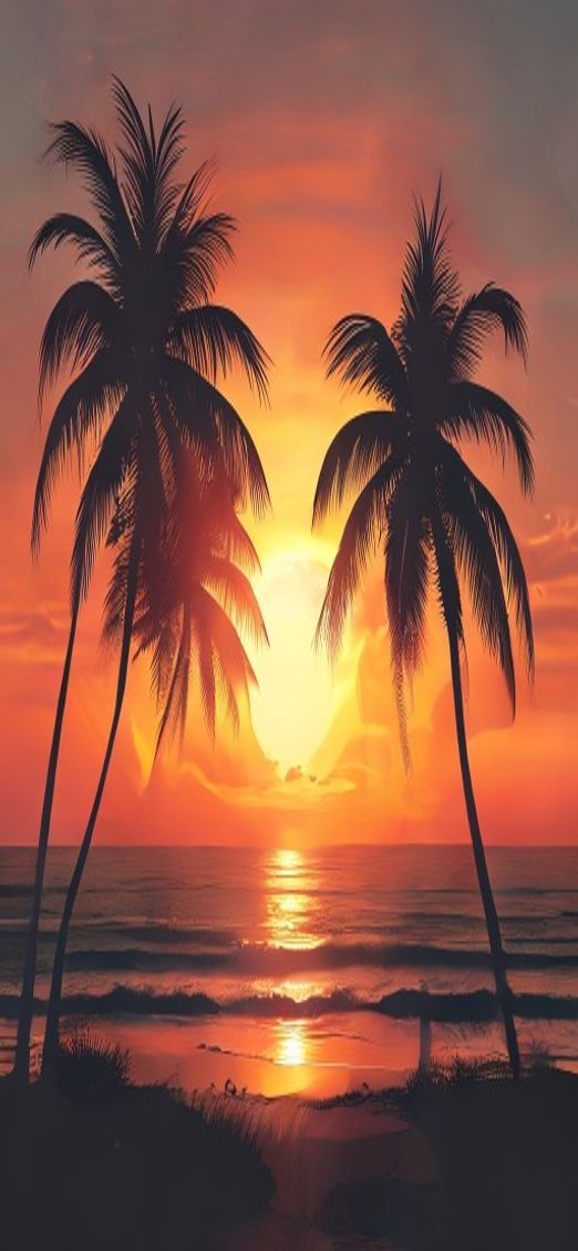Summer Sunset Beach Silhouette Palm Photorealistic Wallpaper