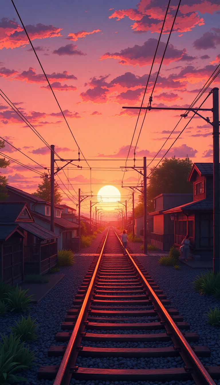 Train Crossing Rural Japan Sunset Anime Wallpaper
