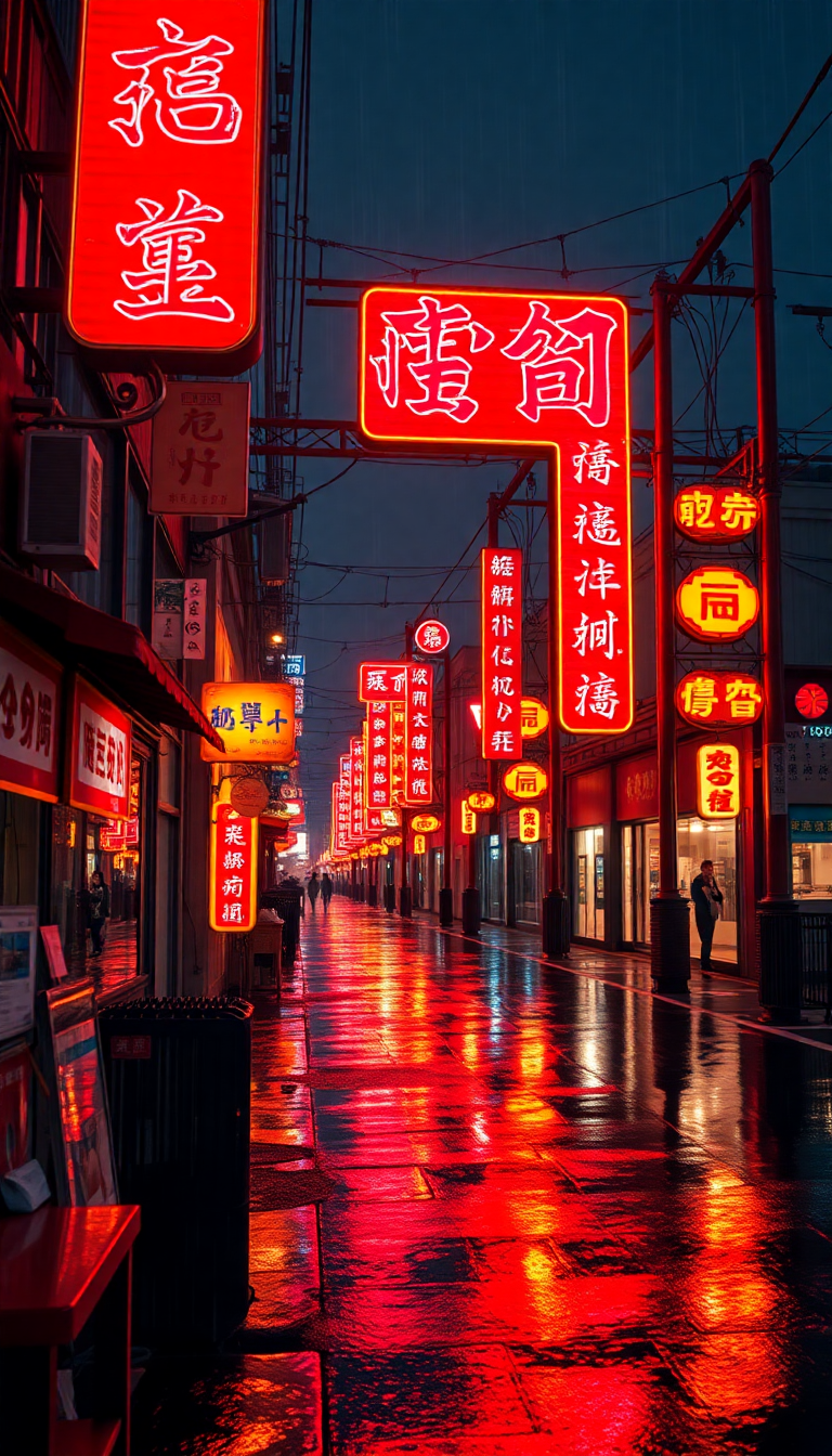Neon Signs Chinese Characters Rain Digital art Wallpaper
