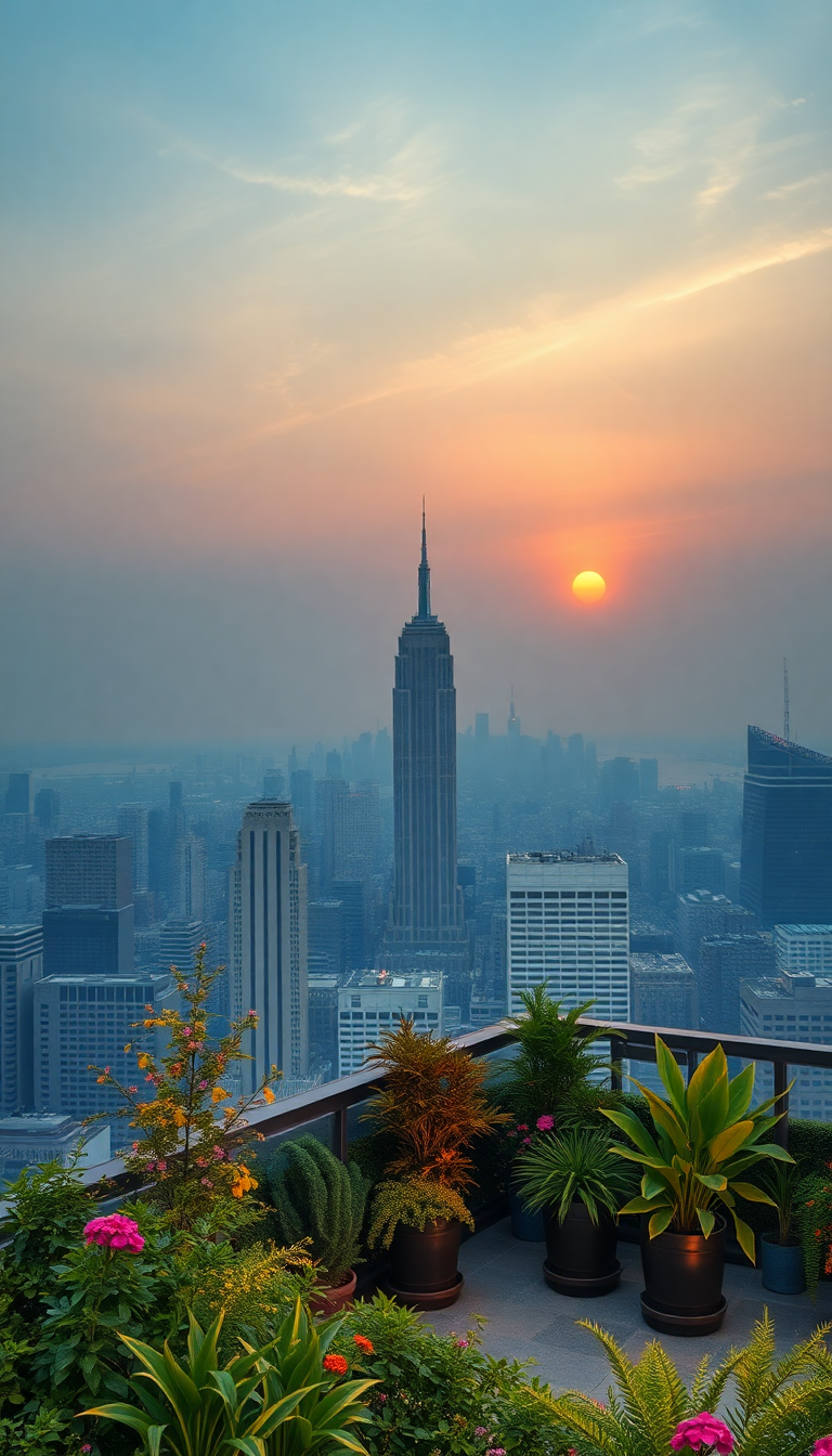 Rooftop Garden Oasis Above City Photorealistic Wallpaper