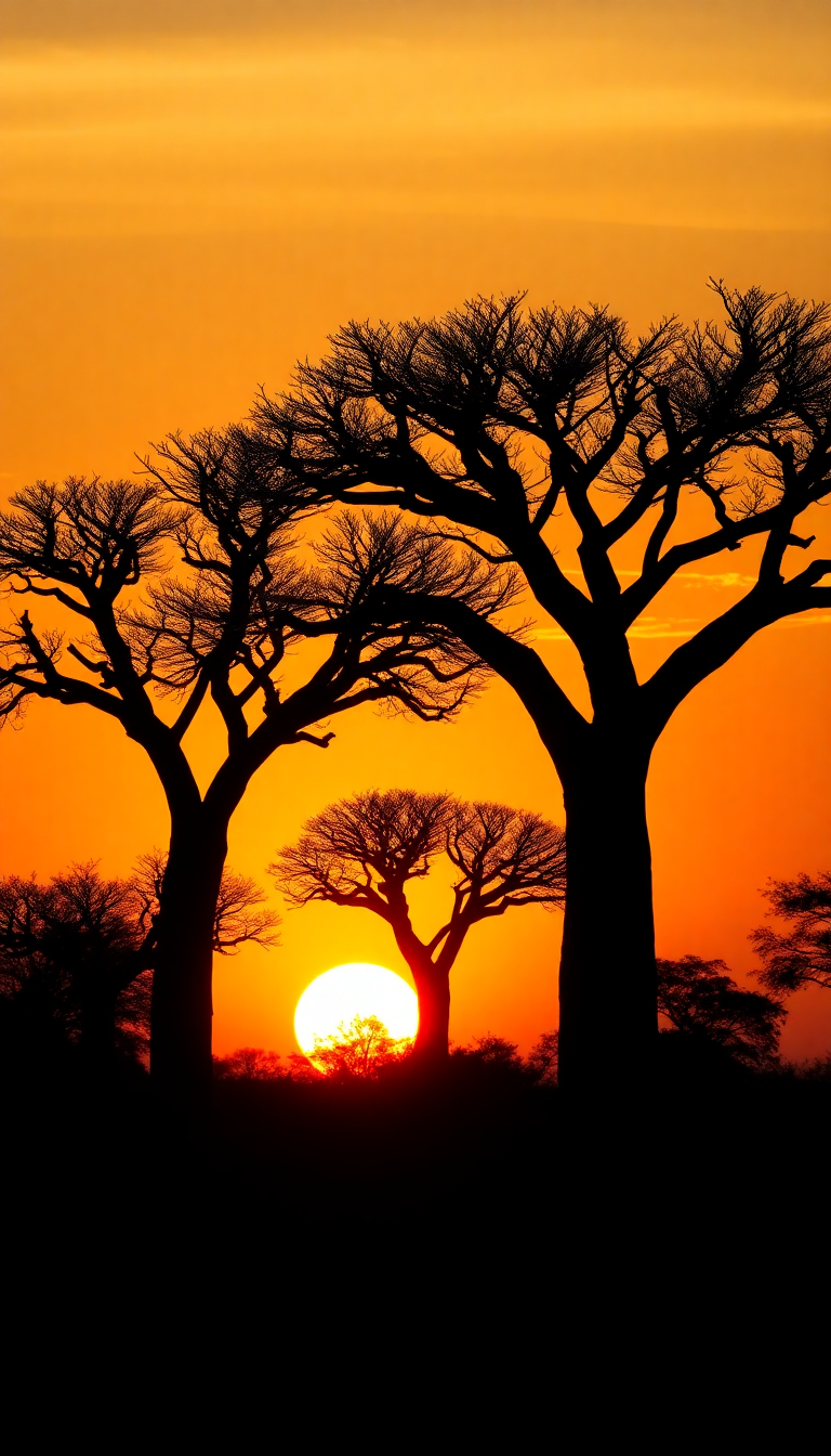Baobab Trees Silhouette African Sunset Photorealistic Wallpaper