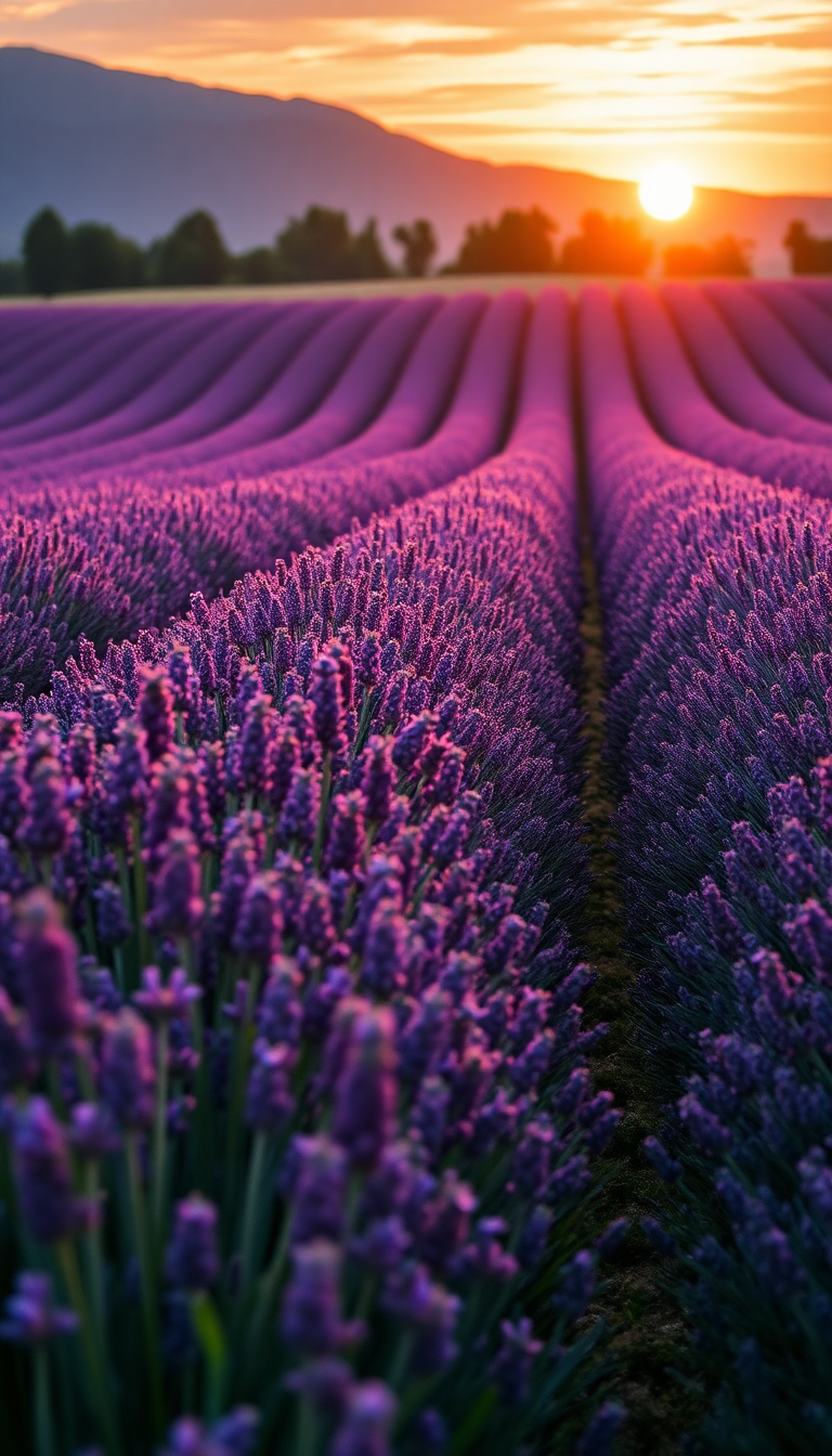 Lavender Fields Provence Sunset Golden Photorealistic Wallpaper